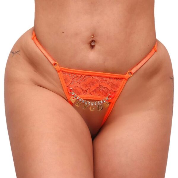 Calcinha Fio Dental - Cor Neon Laranja - Escrita na Frente - Tamanho Único - Veste P ao G
